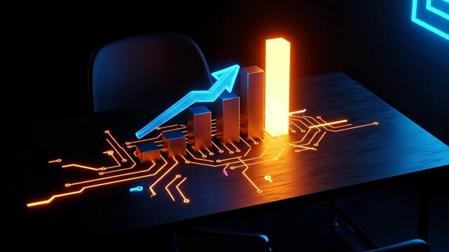 Animated glowing bar graph showing growth trend. Financial data visualization with circuit lines and arrow movement. Business technology concept.