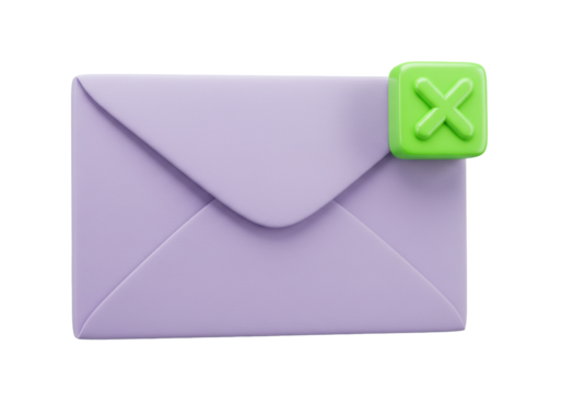 Lilac envelope with green cancel mark isolated, 3D render of mail icon for email marketing and communication design