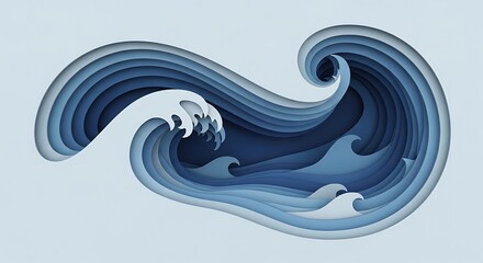 Top-down aerial view of a tropical beach scene with layered paper cut ocean waves, sea foam, and bright sun for a summer holiday concept