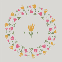 Spring flower circle frame set. Floral circle frame. Hand drawn botanical round border, laurel, wreath with branches, leaves and flowers