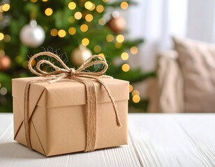 Brown Paper Christmas Gift Box Jute Twine Bow Blurred Festive Tree Ornaments Warm Bokeh Lights Wooden Surface Cozy Holiday Decor Space for Text​