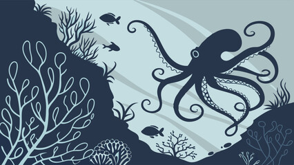 Obraz premium Mysterious Octopus Swims Through Coral Reef, Inspiring Ocean Exploration and Marine Life Awareness for Educational Content and Nature Documentaries