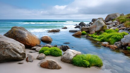 Rocky beach with green plants and ocean waves