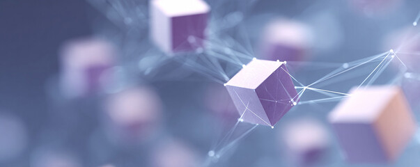 Abstract network of interconnected cubes in soft purple. Represents connectivity, blockchain, data, technology, and digital solutions. Ideal for tech, science.