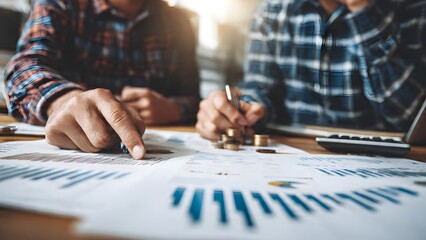 A close-up of two people pointing at financial charts and graphs on a desk, analyzing data and stacks of coins for investment planning.