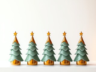 A row of green and gold clay Christmas tree figurines on white background, featuring minimalist design, matte texture, and soft lighting that highlights ceramic art forms. Ideal for holiday merchandis