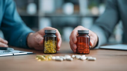 Two hands hold different bottles of pills, comparing yellow softgel capsules and red tablets, symbolizing choice between premium and budget supplements.