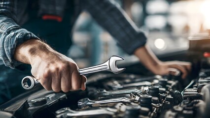 Close-up of a professional mechanic's hand holding a wrench, diligently working on a car engine in a modern, sunlit auto service garage. Focus on repair, maintenance, and technical skill.