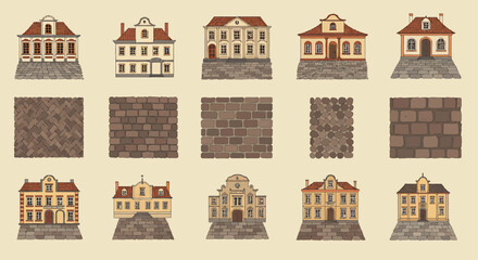 Five sets of historical buildings above corresponding paving and wall textures