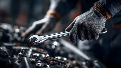 A professional and skilled mechanic's hand, holding a wrench, expertly checks and diagnoses the internal components of a car engine with high precision.