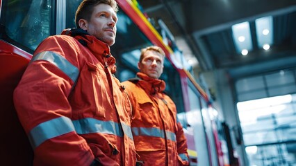 Two serious, brave firefighters in protective gear stand ready next to their red fire truck inside the station bay, embodying professionalism and emergency response. 