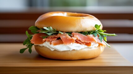 Salmon Bagel with Cream Cheese and Arugula on Wooden Board, Gourmet Food Photography for Restaurant