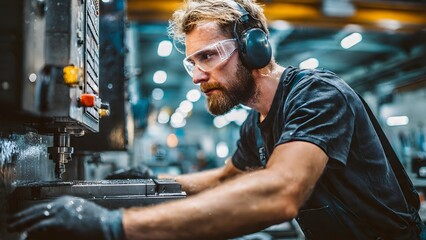 A focused male technician operates a modern CNC machine in a factory, wearing required safety glasses and headphones for industrial precision work.
