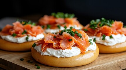Salmon Bagel Bites with Cream Cheese and Chives on Wooden Board, Gourmet Appetizer Photography