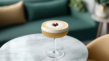 Sophisticated Coffee Cocktail with Heart-Shaped Chocolate Art on White Marble Table - Elegant Drink Presentation in Modern Setting