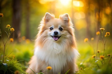 Dog with a pink and white coat is sitting in a field of yellow flowers