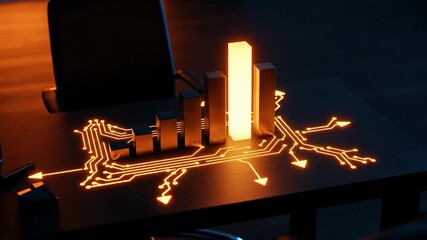 Growing bar chart with glowing circuit pattern on a table. Business data visualization showing increasing statistics and technology. - Powered by Adobe