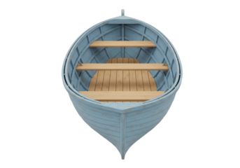 Light blue rowboat PNG isolated on transparent background, wooden boat with seats for rowing and fishing