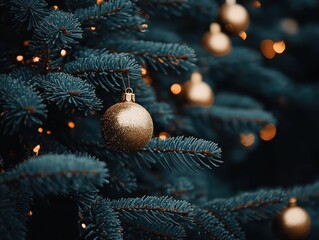 Close-up of dark green Christmas tree with golden baubles, professional color grading with soft shadows and shallow depth of field. Magazine-style photography with clean sharp focus and low contrast f