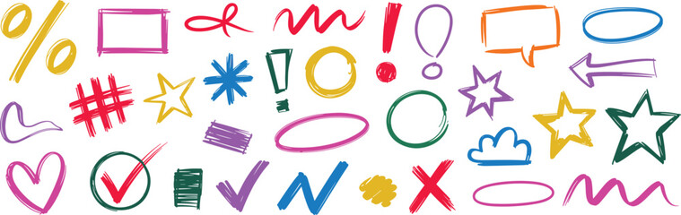 Collection of hand-drawn symbols and shapes for creative projects and design elements