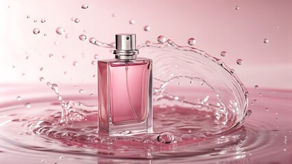 Pink perfume bottle with water splash on pink background
