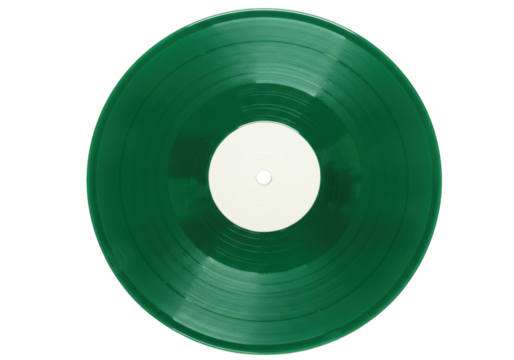 Green vinyl record isolated, music album disc for DJ turntable and vintage audio equipment