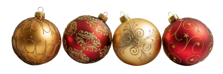 Four oval shaped antique christmas ornaments with intricate gold patterns in red and gold colors isolated on transparent background