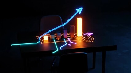 Digital bar chart with glowing circuit lines and upward arrow showing business growth, data visualization for financial progress animation. - Powered by Adobe