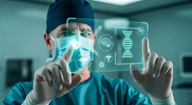 Advanced Medical Technology: Surgeon analyzing patient data on a futuristic transparent screen with DNA, ECG, and brain icons. Healthcare innovation and research concept. - Powered by Adobe