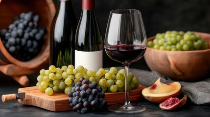 Obraz premium Elegant Wine Still Life with Red and Green Grapes, Wine Bottle, and Glass on Wooden Cutting Board, Wine Tasting, Vineyard Harvest