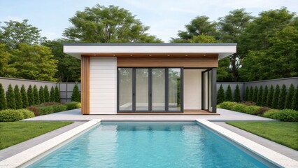 Fototapeta premium Accessory Dwelling Unit Modern house exterior with large glass windows and a pool surrounded by greenery in a serene environment.