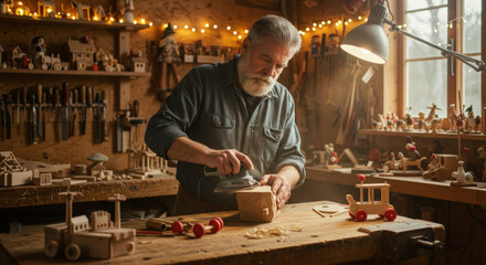 Woodworker finishing handcrafted toys in rustic workshop decorated with fairy lights