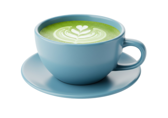 Matcha latte art in a blue cup isolated on white, green tea beverage with heart design for cafe menu and healthy lifestyle