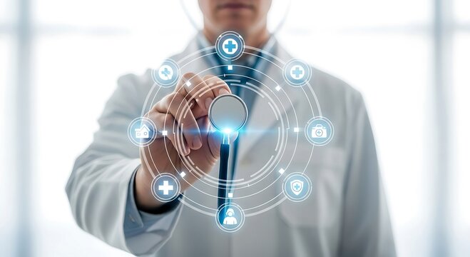 Doctor in white lab coat holding a stethoscope with a futuristic digital interface of medical service icons. Healthcare technology, telemedicine, and health insurance concept.