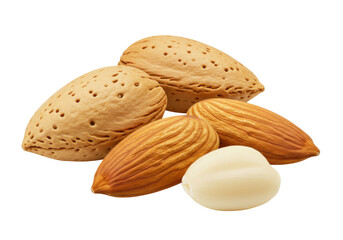 Pile of almonds isolated on transparent background, shelled and unshelled nuts for healthy snack and ingredient use