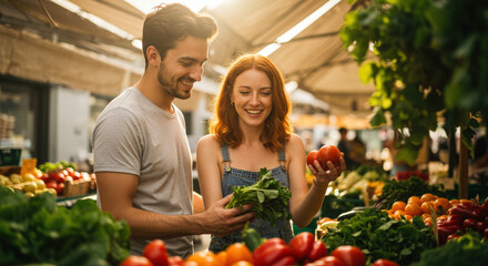 Young couple picking organic vegetables in local market, summer colors and life energy