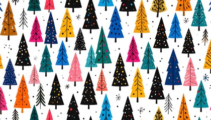 Whimsical, colorful Christmas tree pattern on a white background