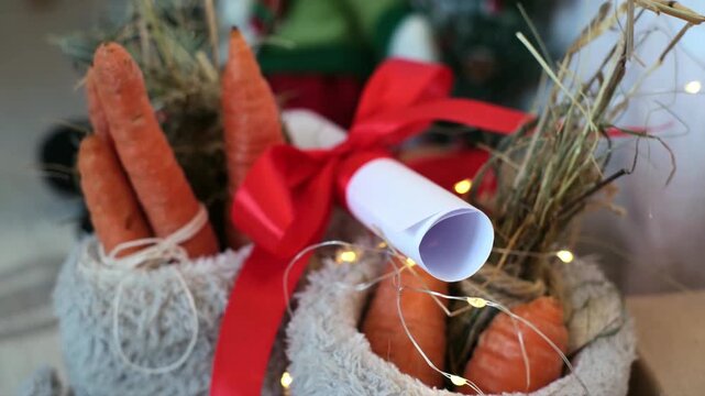 Childrens gifts in shoes. The national holiday is St. Nicholas Day. Letters of wishes to Saint Nicholas. Family celebration. Festive atmosphere, Festive mood.