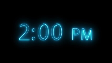 2:00 pm text animation background. Neon glowing text animation.