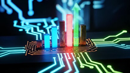 Bar graph on digital circuit board with increasing arrow for business growth and data analysis animation - Powered by Adobe