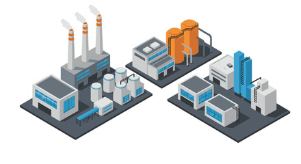 Obraz premium Isometric industrial plants with chimneys and storage tanks in modern design