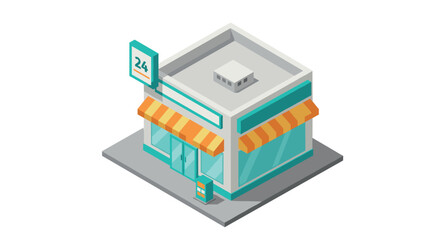 Isometric convenience store building with orange awning and green accents