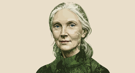 Jane Goodall's inspiring portrait with jungle foliage, a symbol of conservation and wildlife advocacy, perfect for environmental campaigns and educational resources