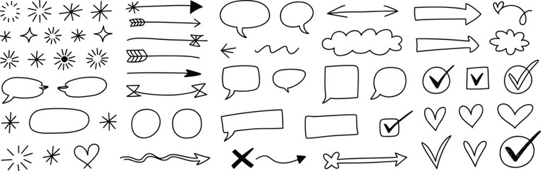 Hand drawn doodle elements collection arrows speech bubbles checkmarks crosses and shapes