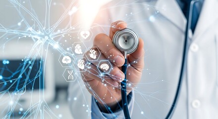 Medical technology innovation with a doctor holding a stethoscope. Digital health interface with a neural network, heart, and brain icons for advanced diagnostics.
