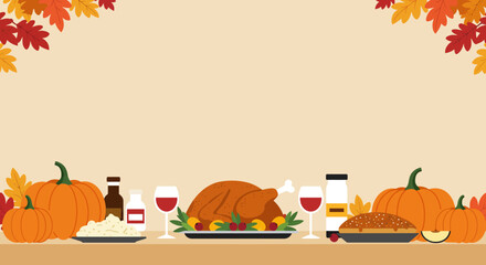 Celebrate the harvest season with this cozy Thanksgiving feast featuring pumpkins, a golden turkey, pie and wine to bring festive cheer to your creative projects
