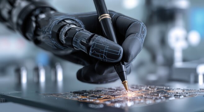 Robotic hand holding a pen, meticulously writing on a glowing circuit board, blurred lab equipment