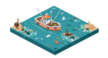 Isometric fishing boat in a calm sea with rocks and debris