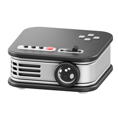 A Black and Silver Mini Projector with a Red Button and a Silver Lens on a Transparent Background