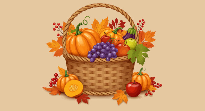Harvest bounty overflows from a woven basket, pumpkins, apples, grapes, and autumn leaves create a warm, inviting fall scene perfect for Thanksgiving promotions
